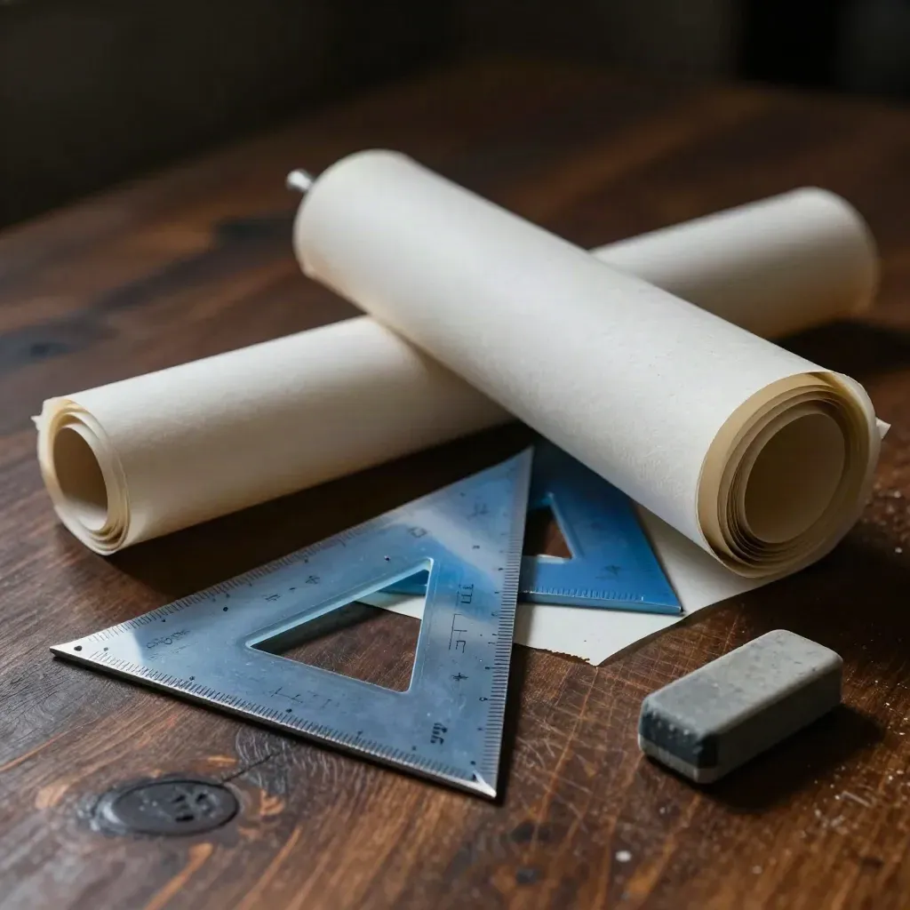 Drafting triangles, French curve, vellum rolls and eraser on dark oak under skimming light