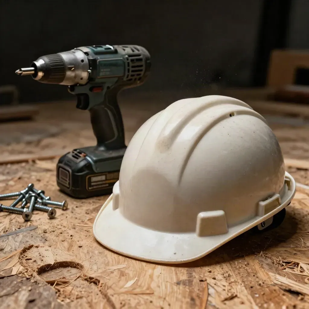 Weathered jobsite kit on plywood: hard hat, impact driver, site radio, fasteners, and a boot print.