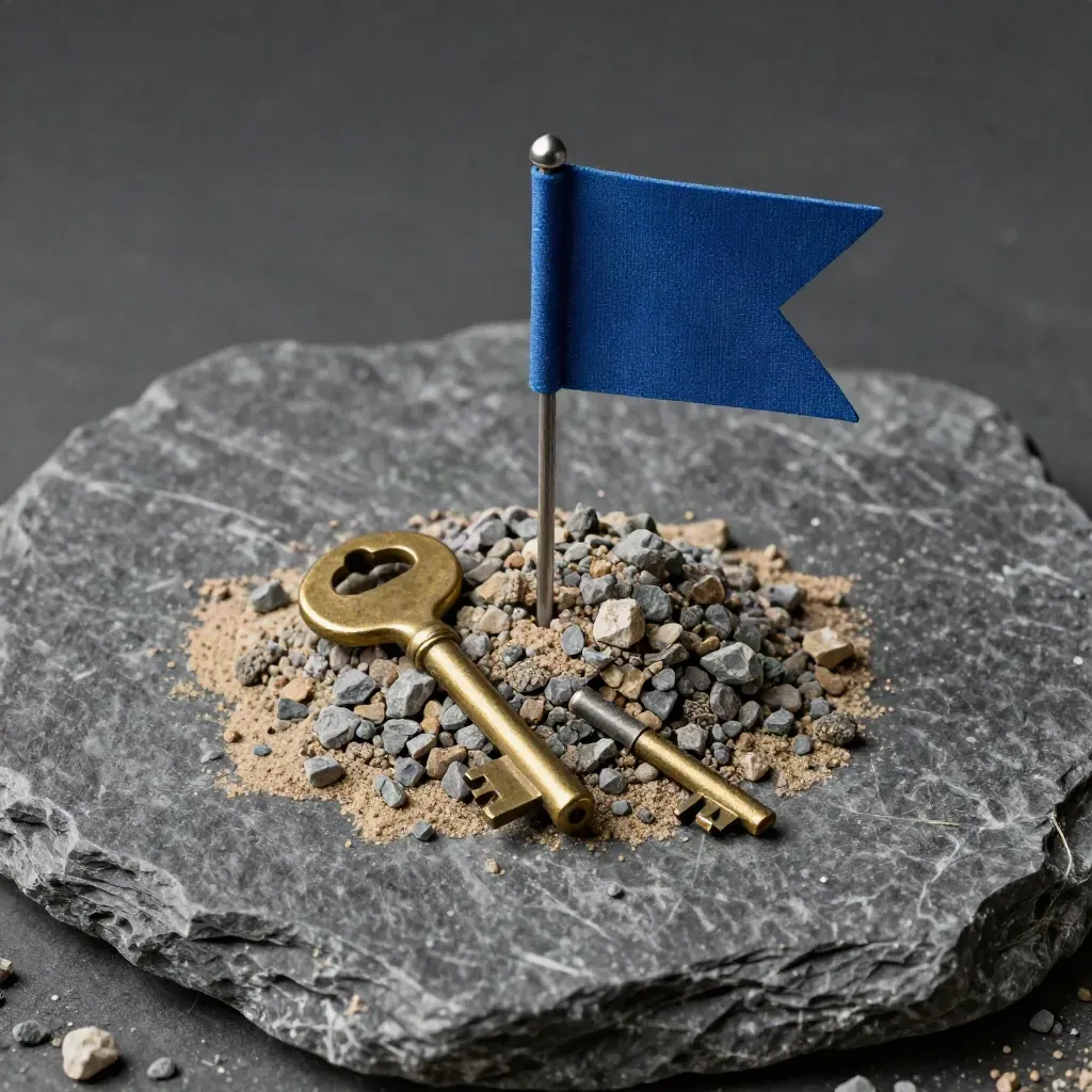 Top-down still life of a site pin, survey flag, gravel, and house key on dark stone.