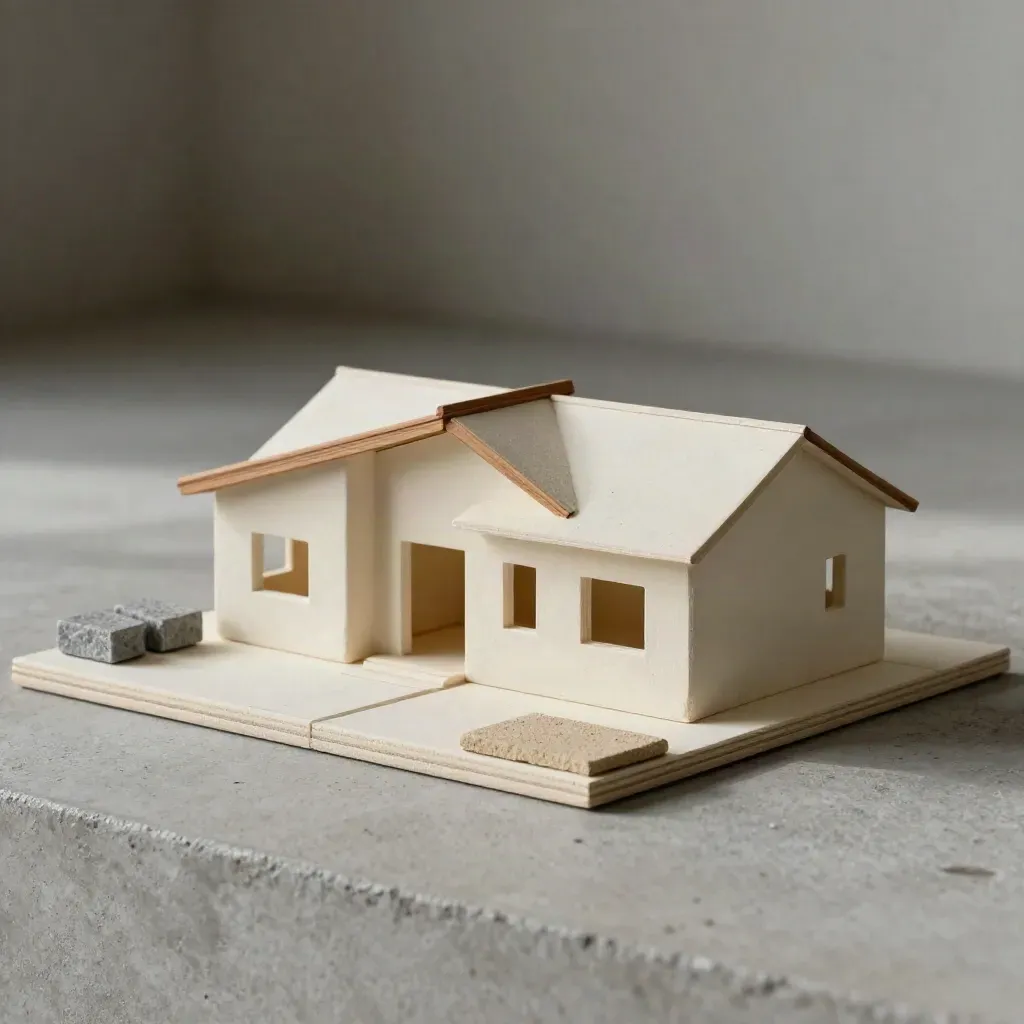 Miniature house massing model with stone samples and roofline wedges on concrete