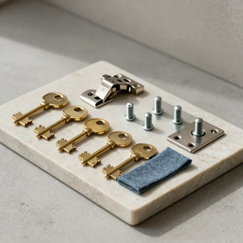 Brass keys and hardware parts arranged on a pale stone tray with a slate-blue cloth.