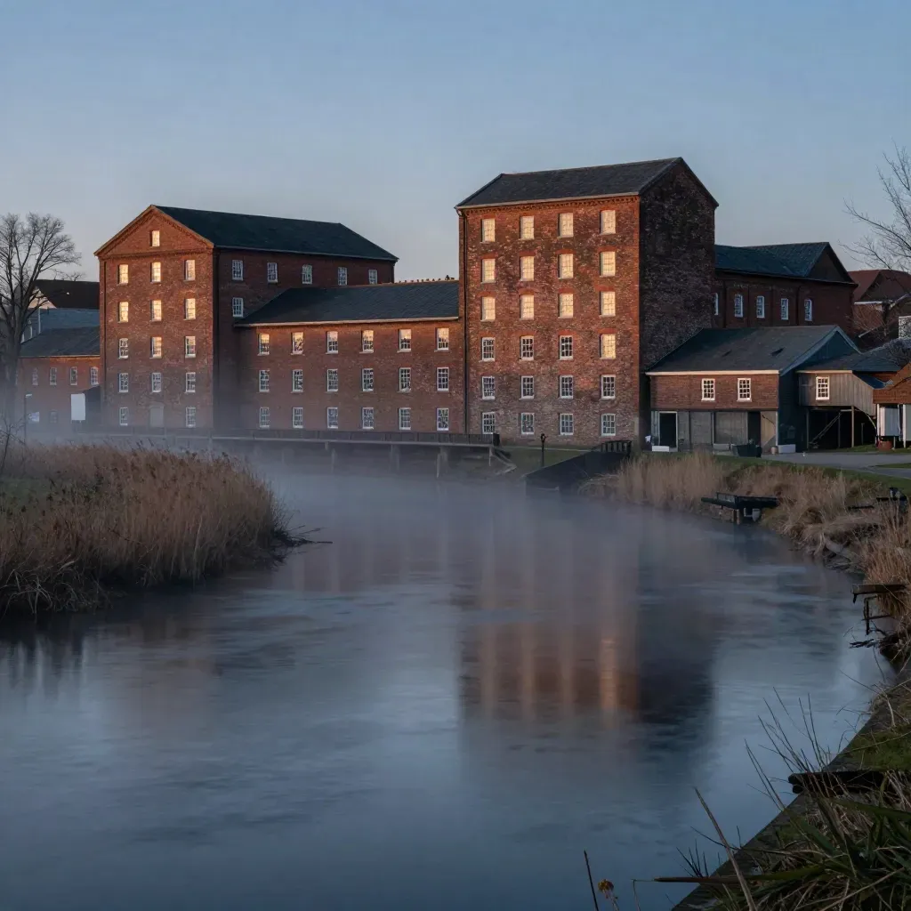 Waterloo Region mills and river at blue hour with fog and rooftops