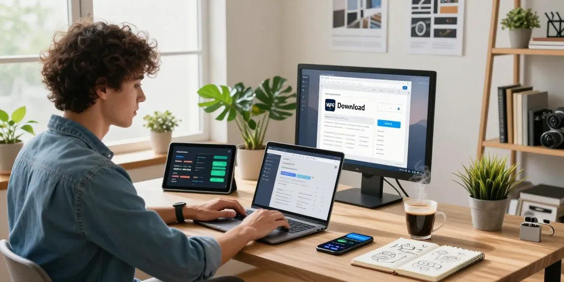 Discover WPS Download in a vibrant digital workspace with tech gadgets and a motivating atmosphere.