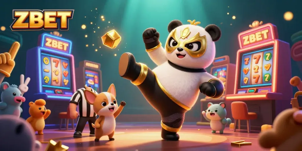 ZBET showcases a dynamic 3D scene of a wrestling panda performing a kick amidst colorful slot machines, engaging fans and excitement.