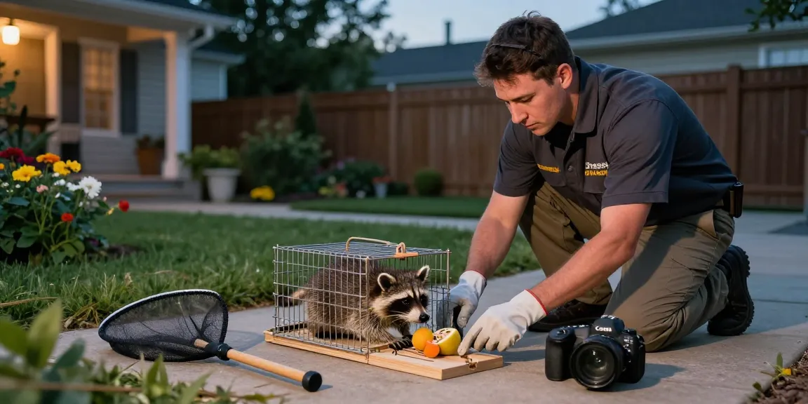 Raccoon removal Toronto expert setting humane trap in peaceful suburban garden.