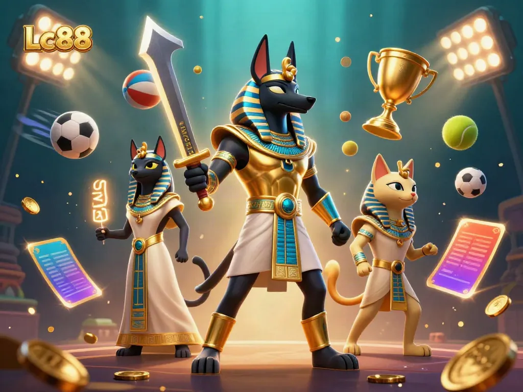 Experience thrilling gaming at Lc88 with Anubis and Bastet amid dynamic sports elements.