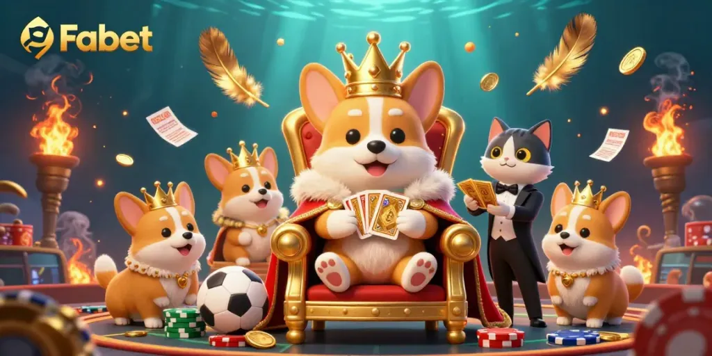 Experience thrilling sports betting with Fabet's vibrant gaming scene featuring royal corgi icons.