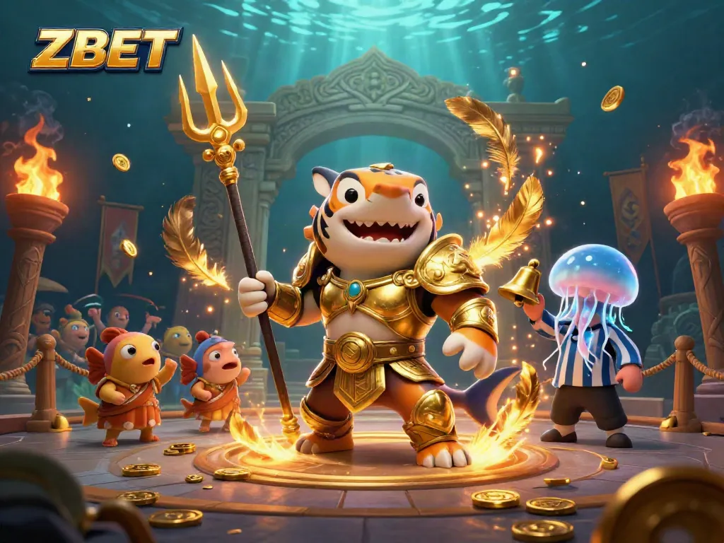 Engage in thrilling ZBET action inside an underwater colosseum featuring a golden shark gladiator.