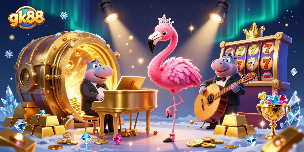 Engage with gk88's vibrant 3D casino illustration showcasing dynamic characters amidst a wealth of treasures.