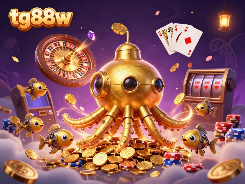 Engage with tg88w's immersive 3D casino scene featuring a golden kraken and captivating gaming elements.