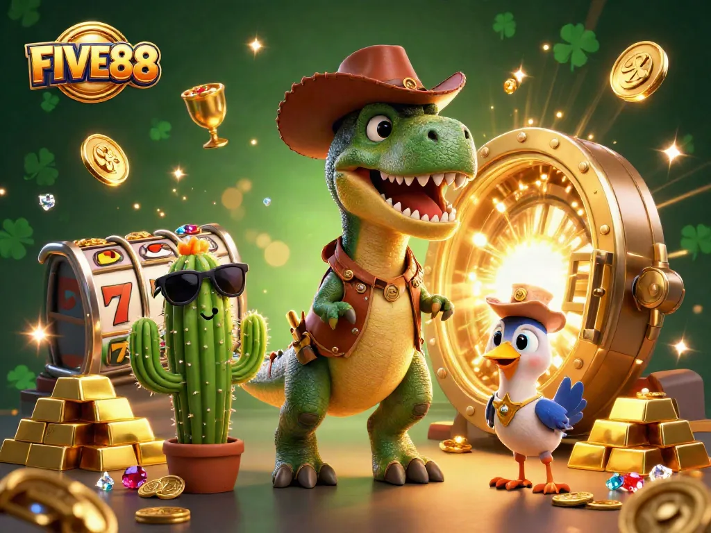 FIVE88 reveals jackpot treasures with a cartoon dinosaur amidst gold bars and slot reels.