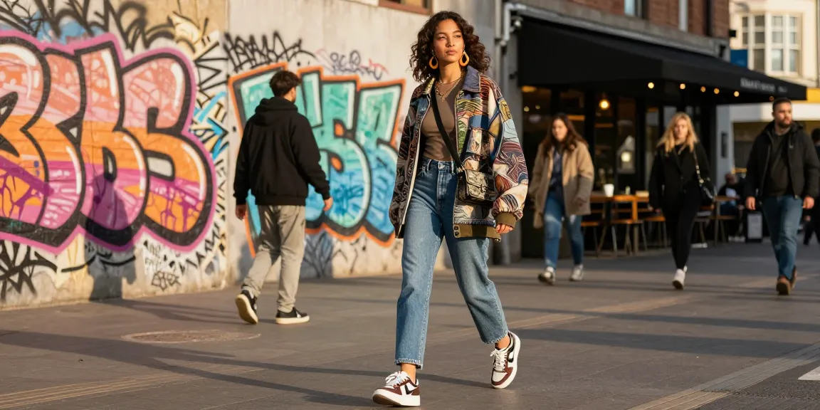Jaklin Dalir showcasing a unique streetwear style in a vibrant urban setting.