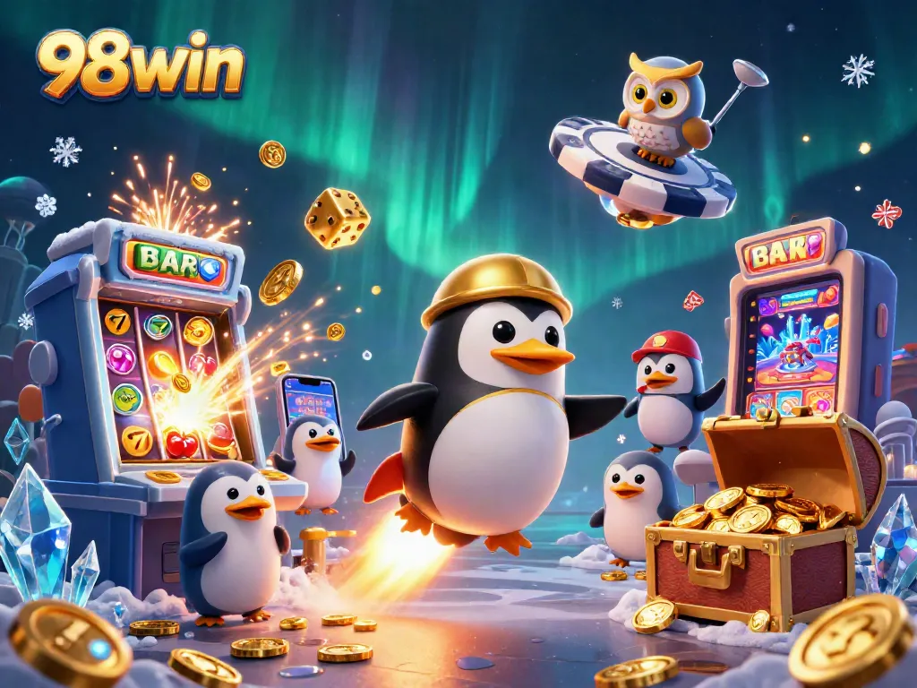 Experience thrilling wins at 98win with a dynamic scene of gambling excitement and vibrant casino elements.