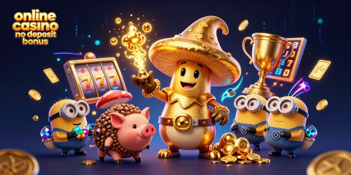 Engage in excitement with the online casino no deposit bonus surrounded by golden treasures and vibrant casino elements.