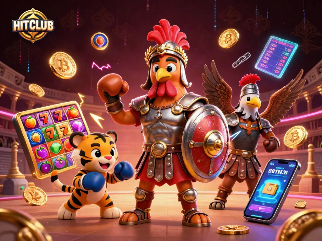 Experience HITCLUB's thrilling slot games with a dynamic 3D scene of a gladiator rooster amidst vibrant symbols and crypto elements.