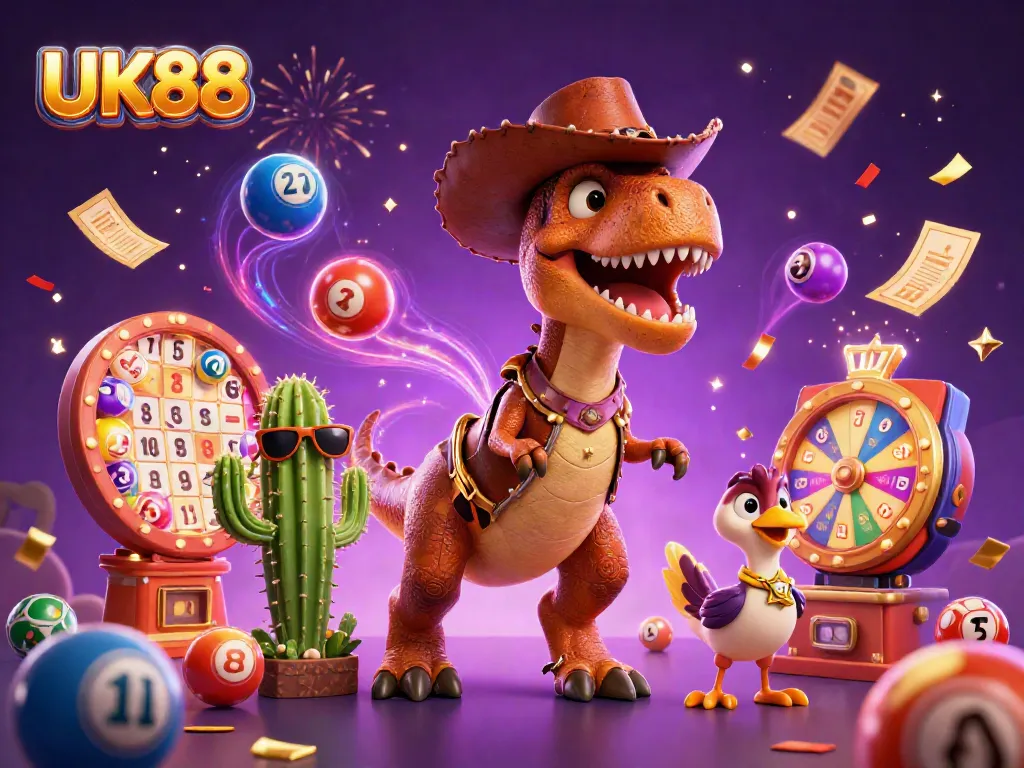 Experience the excitement of UK88 with colorful lottery elements and casino characters in action.