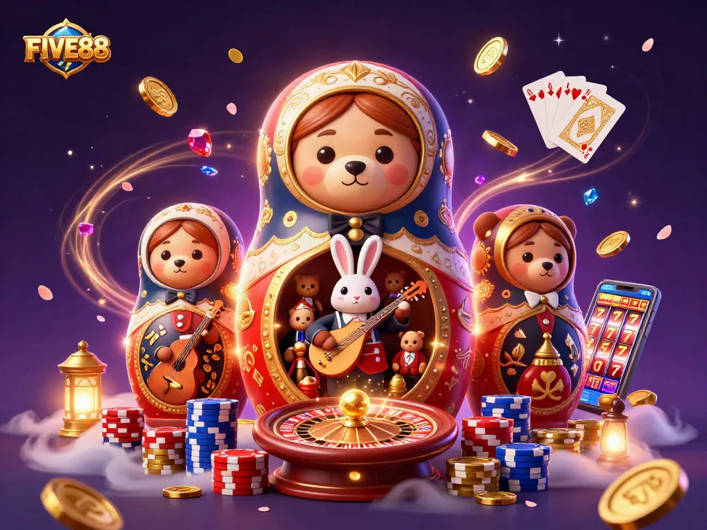 Engage in the vibrant world of FIVE88 with this dynamic casino-themed illustration showcasing a colorful scene.