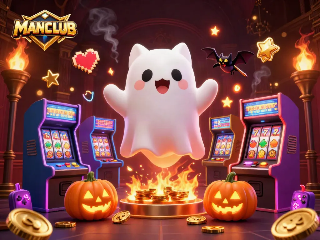 Spin the reels with MANCLUB's ghost cat and vampire bat in a vibrant casino scene