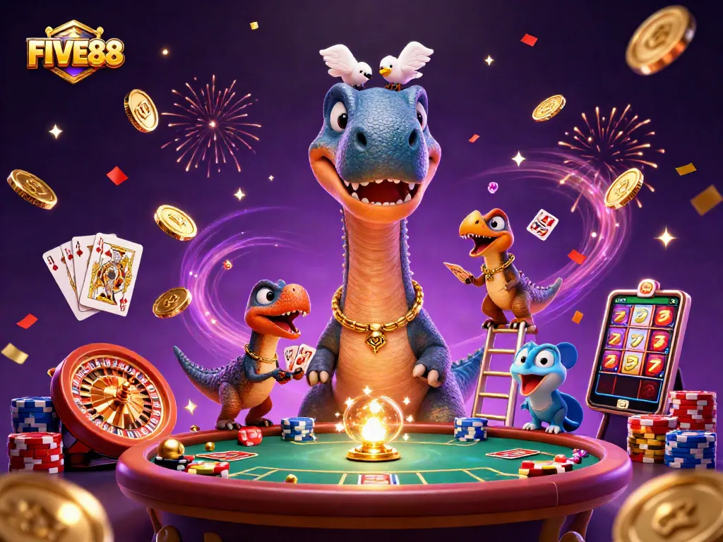 FIVE88 showcases a vibrant casino scene with a brontosaurus and raptor in action.