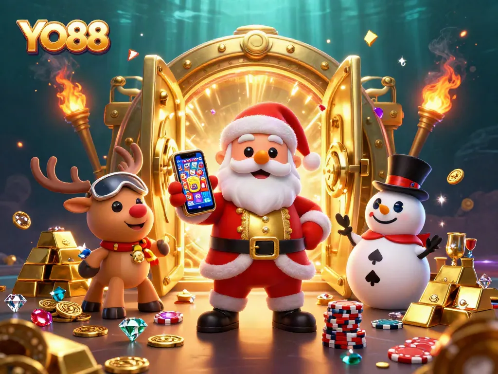 Experience the excitement at YO88 with a vibrant illustration showcasing a festive casino scene and jackpot action.