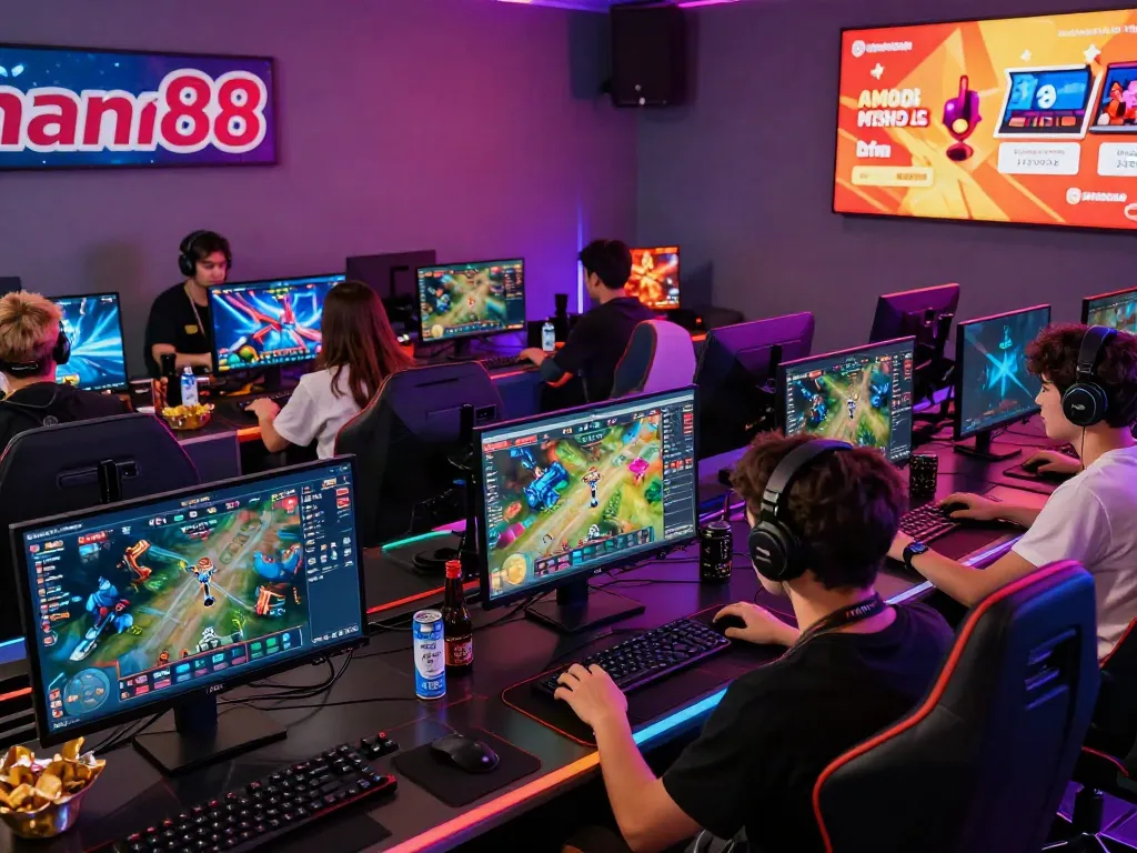 Players enjoying diverse games at Man88's lively online gaming setup