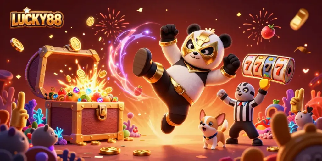 LUCKY88 offers thrilling slot gameplay with a vibrant 3D illustration of winning moments.