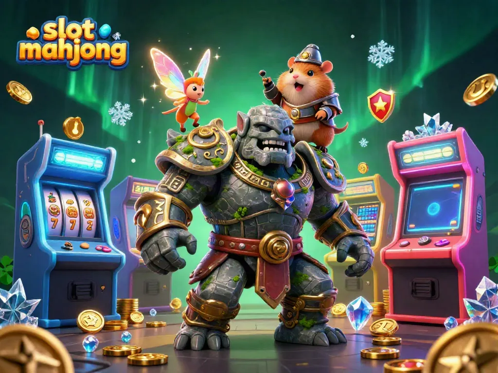 Bermain slot mahjong dengan karakter unik dan elemen mesin slot berwarna-warni.