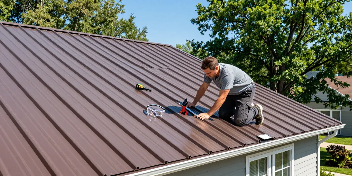 Professional contractor performing metal roof installation on a residential home.