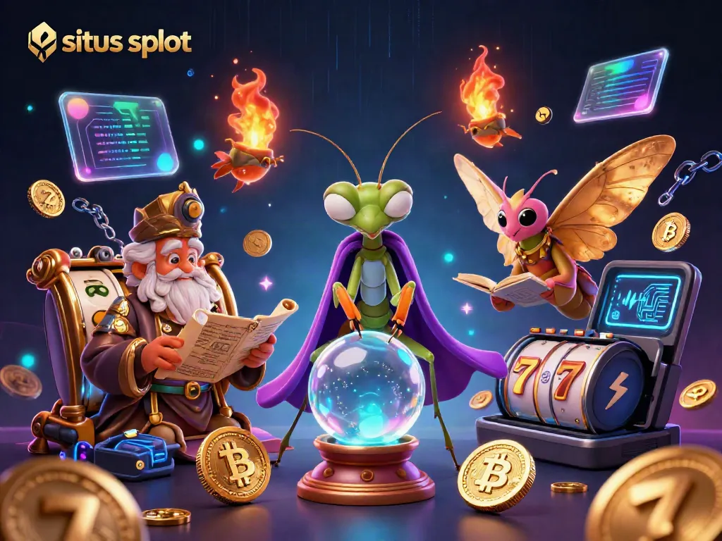 Experience the thrill of situs slot with a whimsical 3D scene full of fortune tellers, slot reels, and crypto elements.