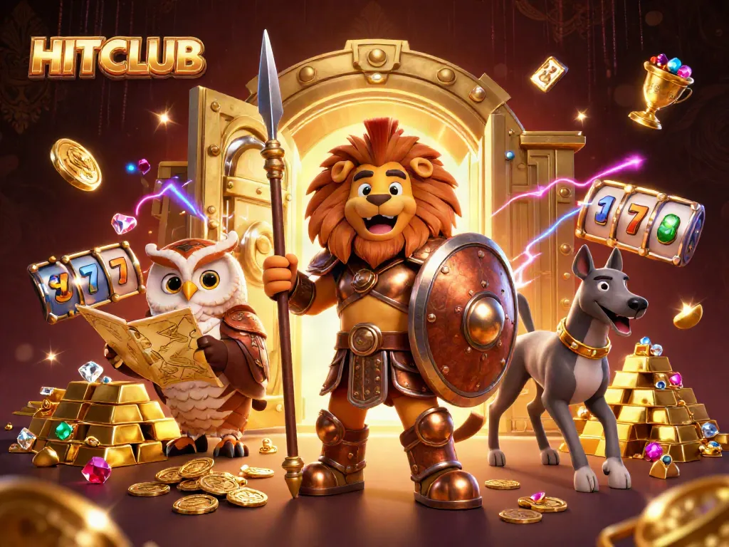 Engage with HITCLUB's thrilling slot experience amidst treasures and vibrant elements.