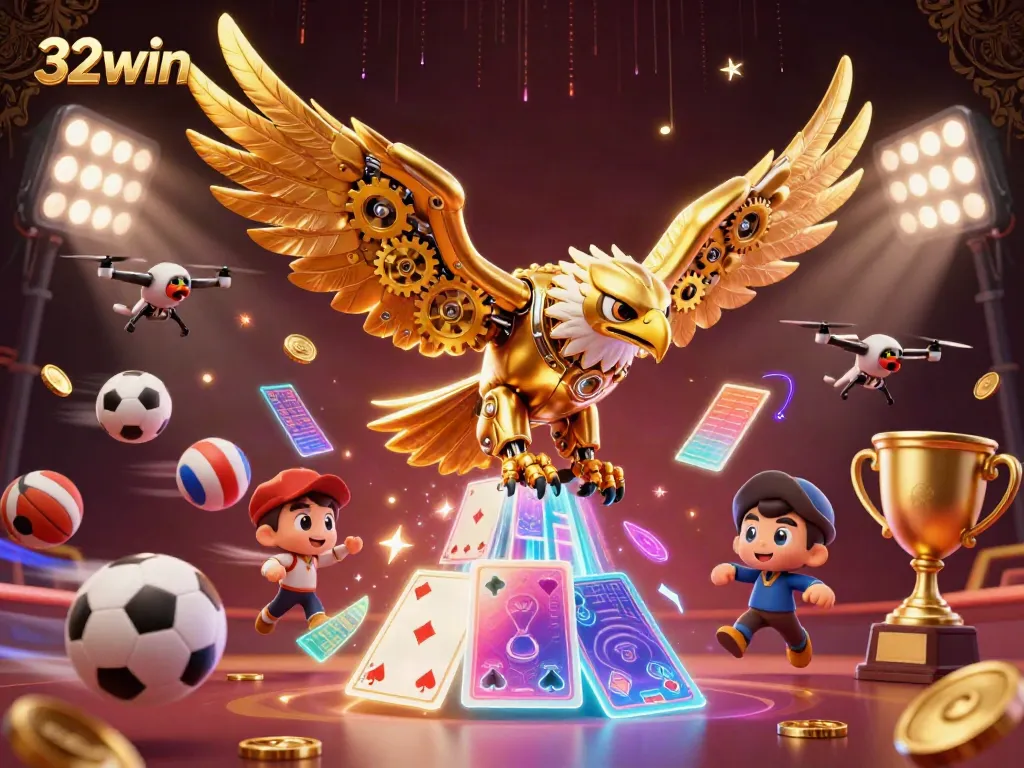 Engage with 32win's immersive gambling adventure featuring a golden eagle amidst sports betting excitement.