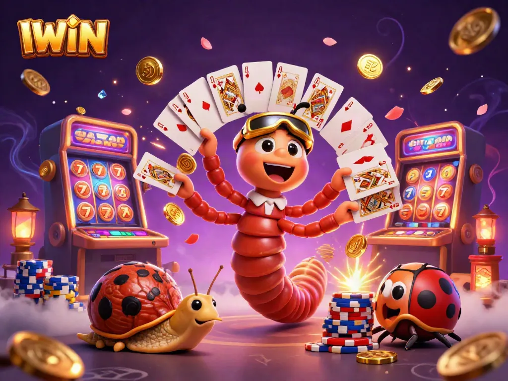 IWIN engages players with dynamic casino fun, featuring a millipede dealer, snail high-roller, and lively gambling elements.