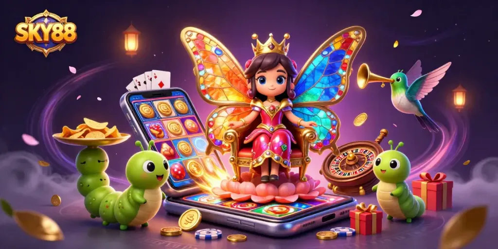 Play and win with SKY88 in this vibrant 3D illustration of a magical casino scene.