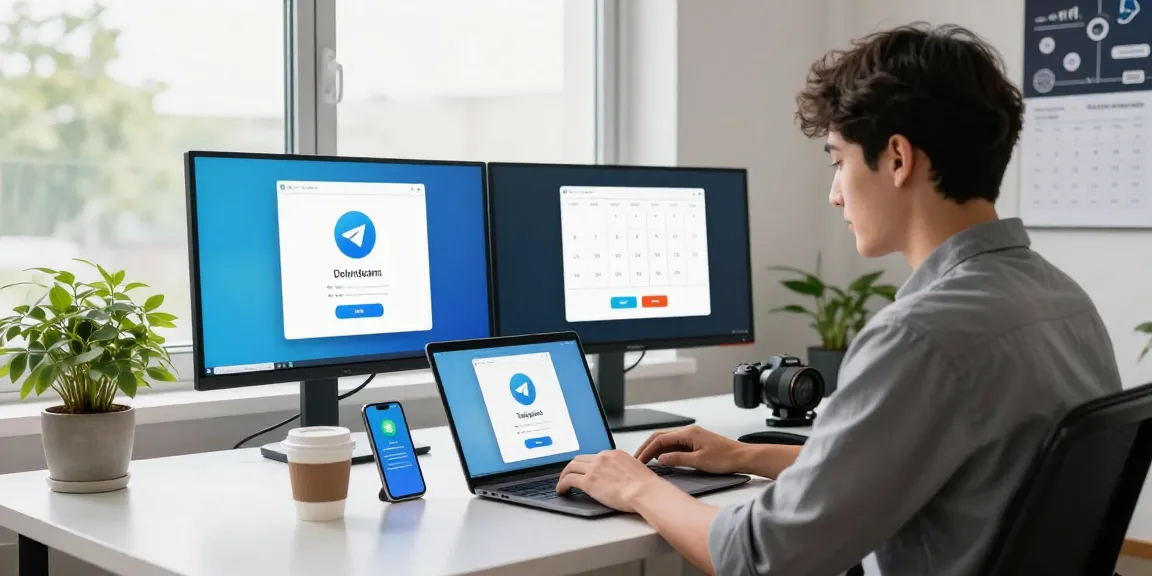 Downloading Telegram on a laptop in a bright, modern workspace.