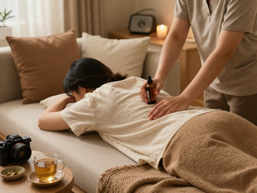 Relaxing 출장마사지 session in a serene home environment with soothing atmosphere.