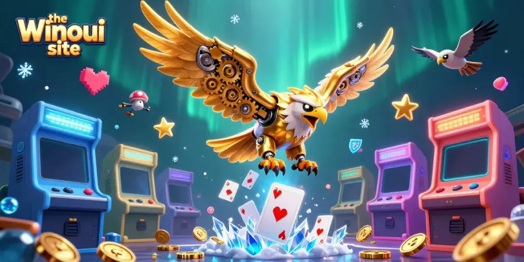 The Winoui site features an animated 3D golden eagle diving through vibrant casino playing cards.