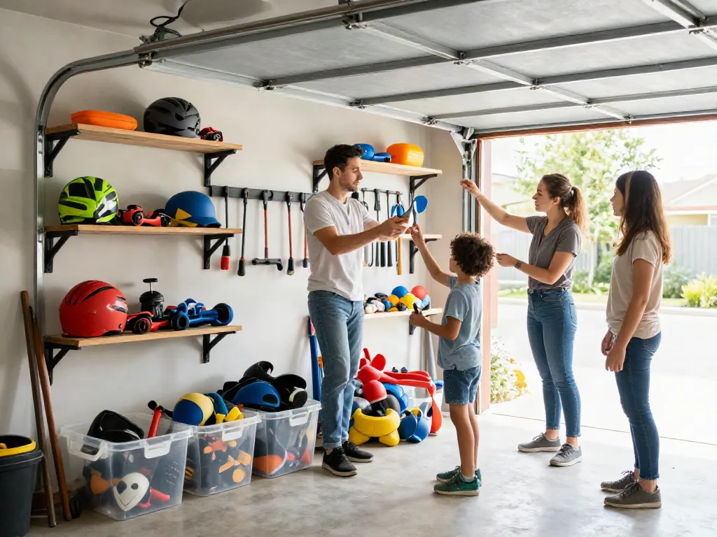 Garage organizing Ottawa scene showcasing a family transforming a cluttered garage into an organized space.
